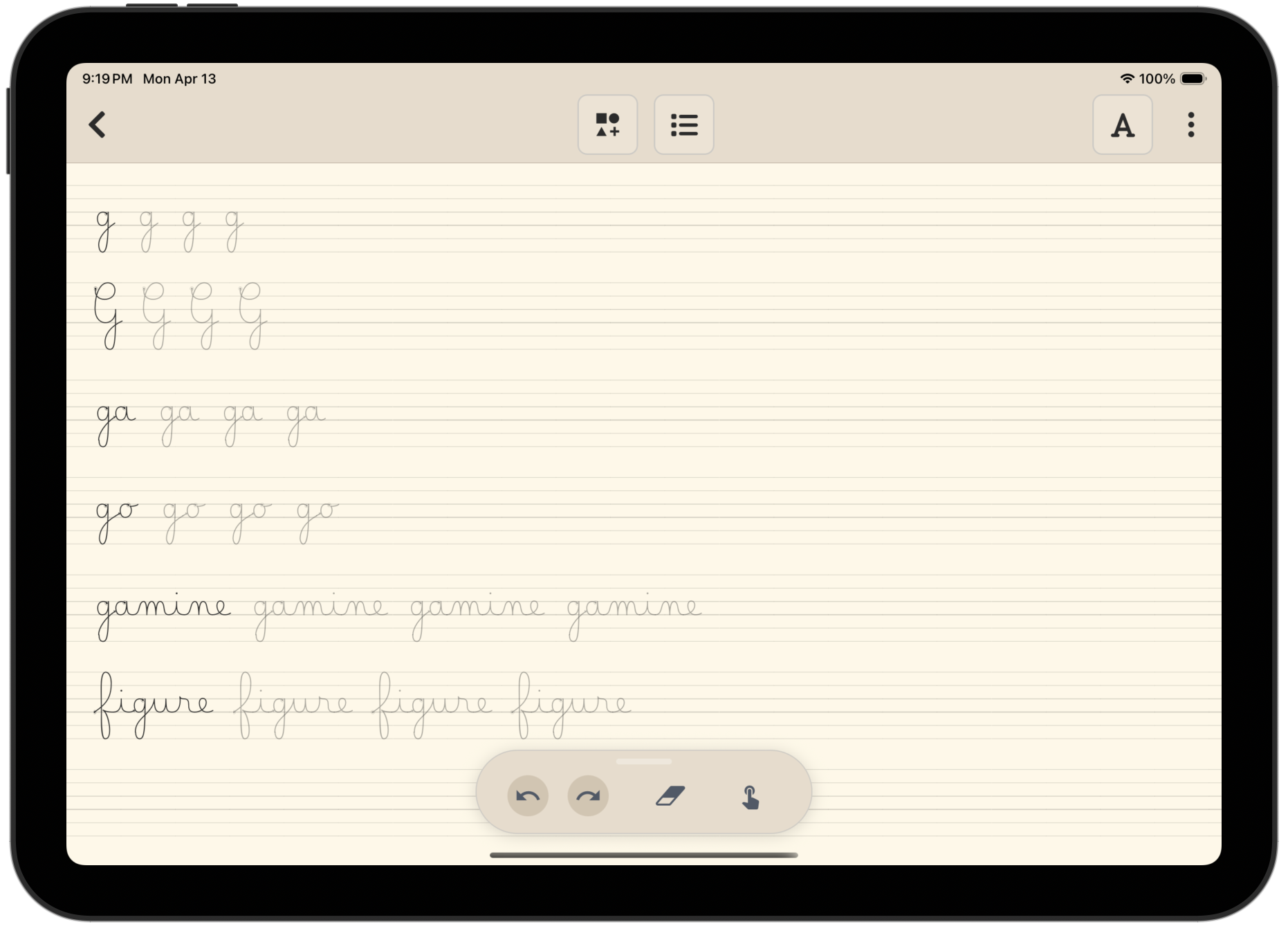 Exercice d'écriture au stylet sur iPad dans l'application Abecia