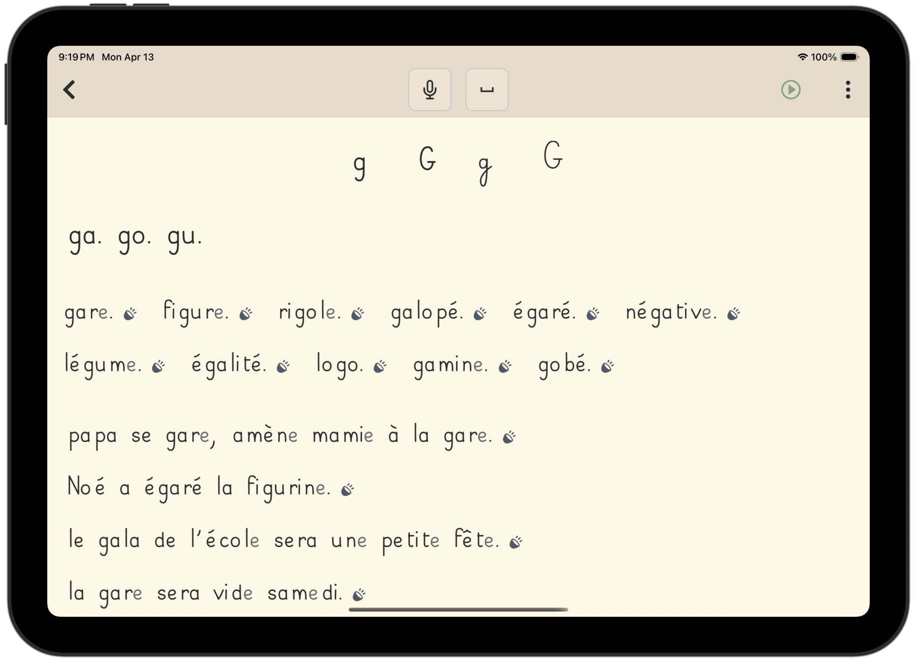 Leçon de lecture syllabique dans l'application Abecia sur iPad