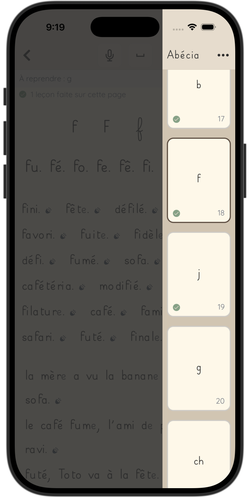 Progression des leçons de lecture syllabique dans l'application Abecia sur iPhone