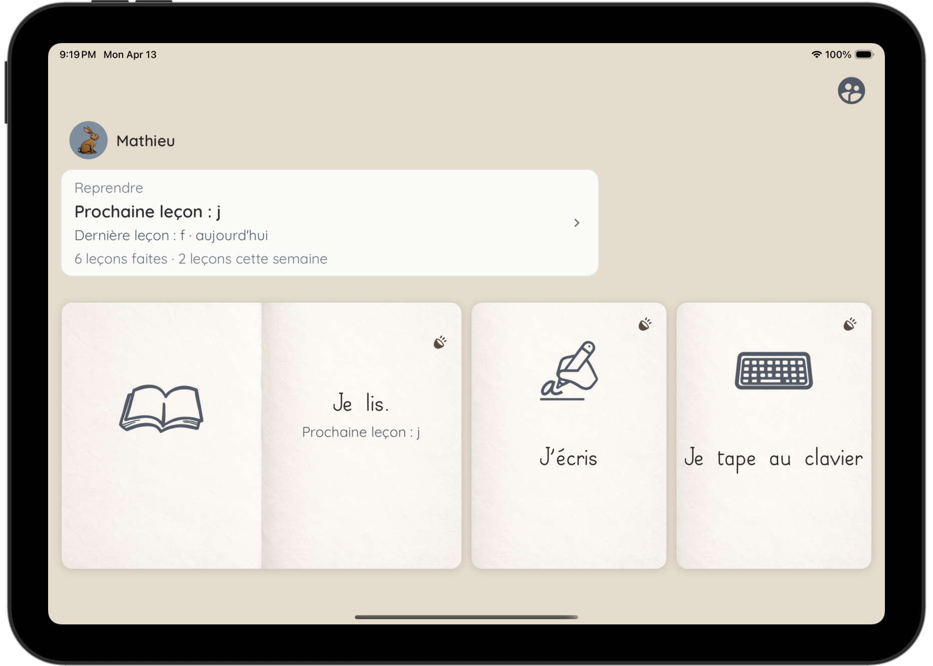 Tableau de progression parent dans l'application Abecia